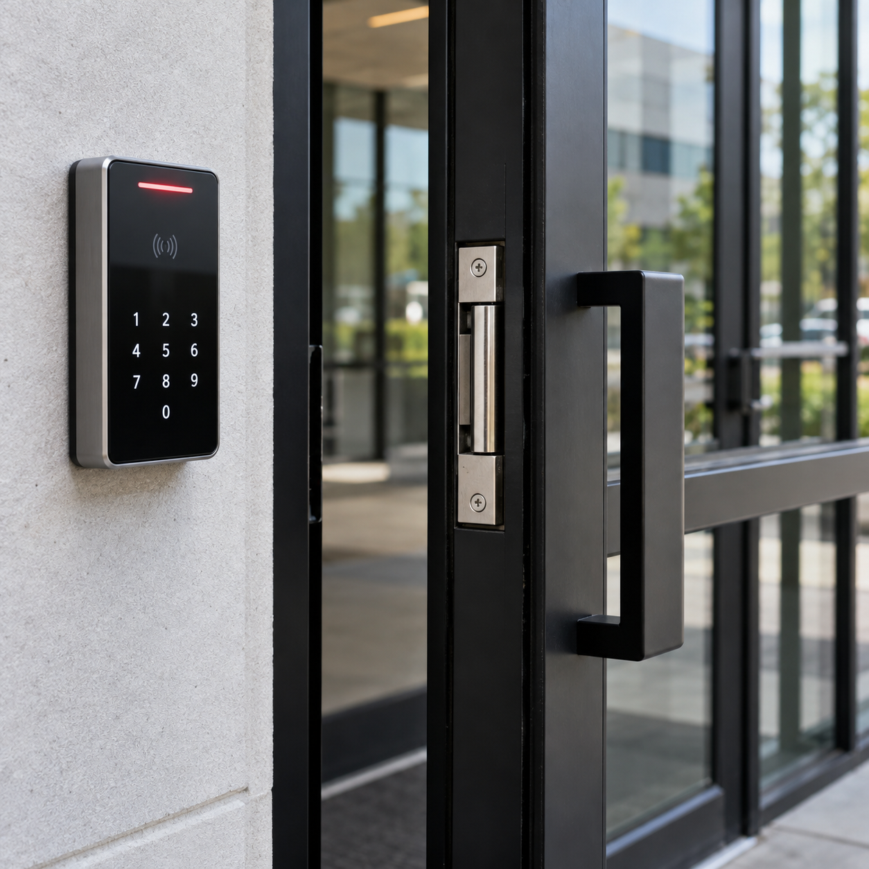 Modern access control panel beside a building entry door
