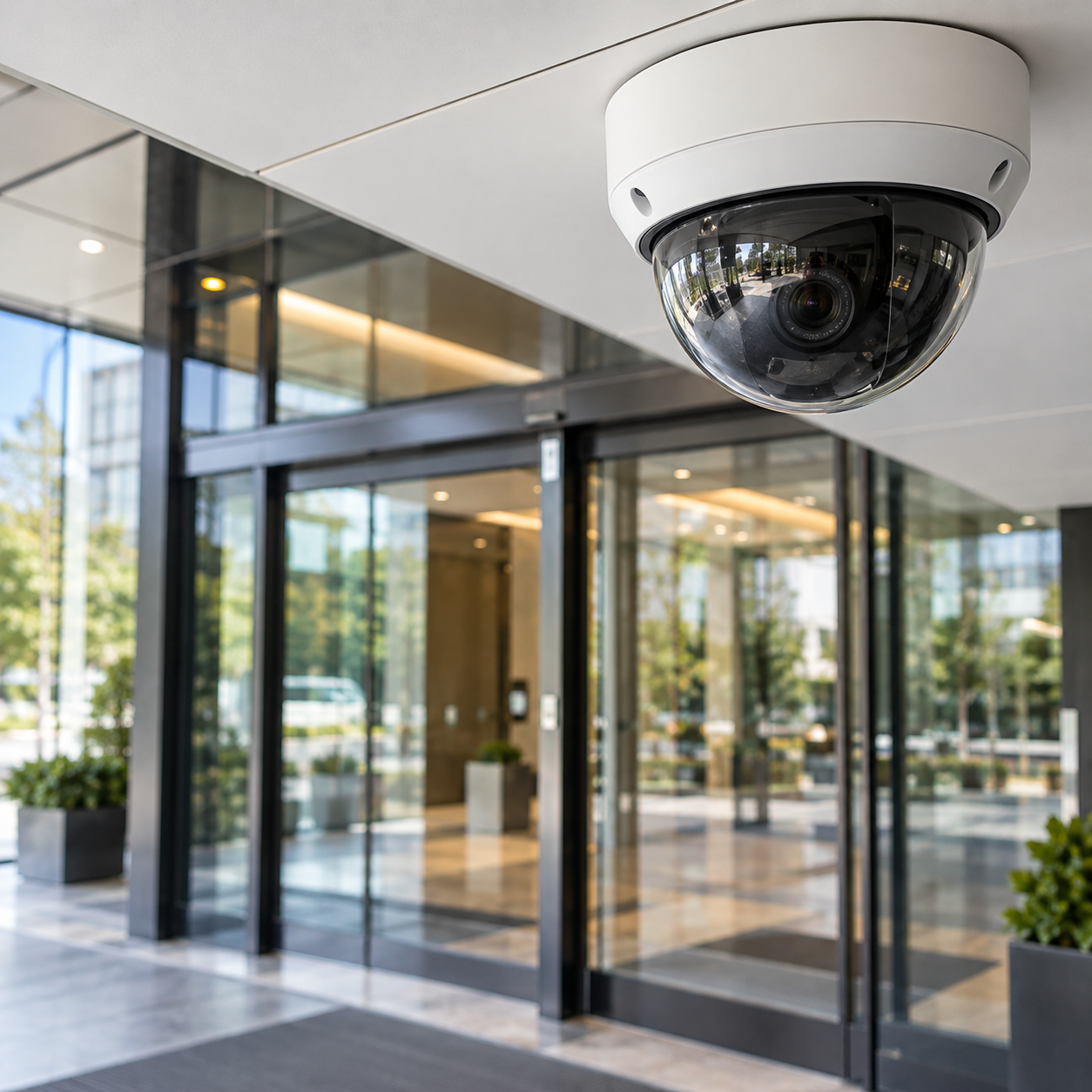 Dome CCTV camera watching a building entrance