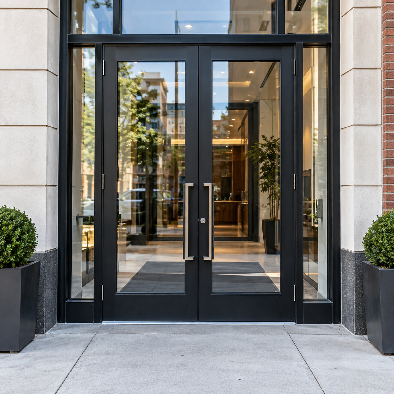 Black-framed New York commercial glass doors and storefront entrance