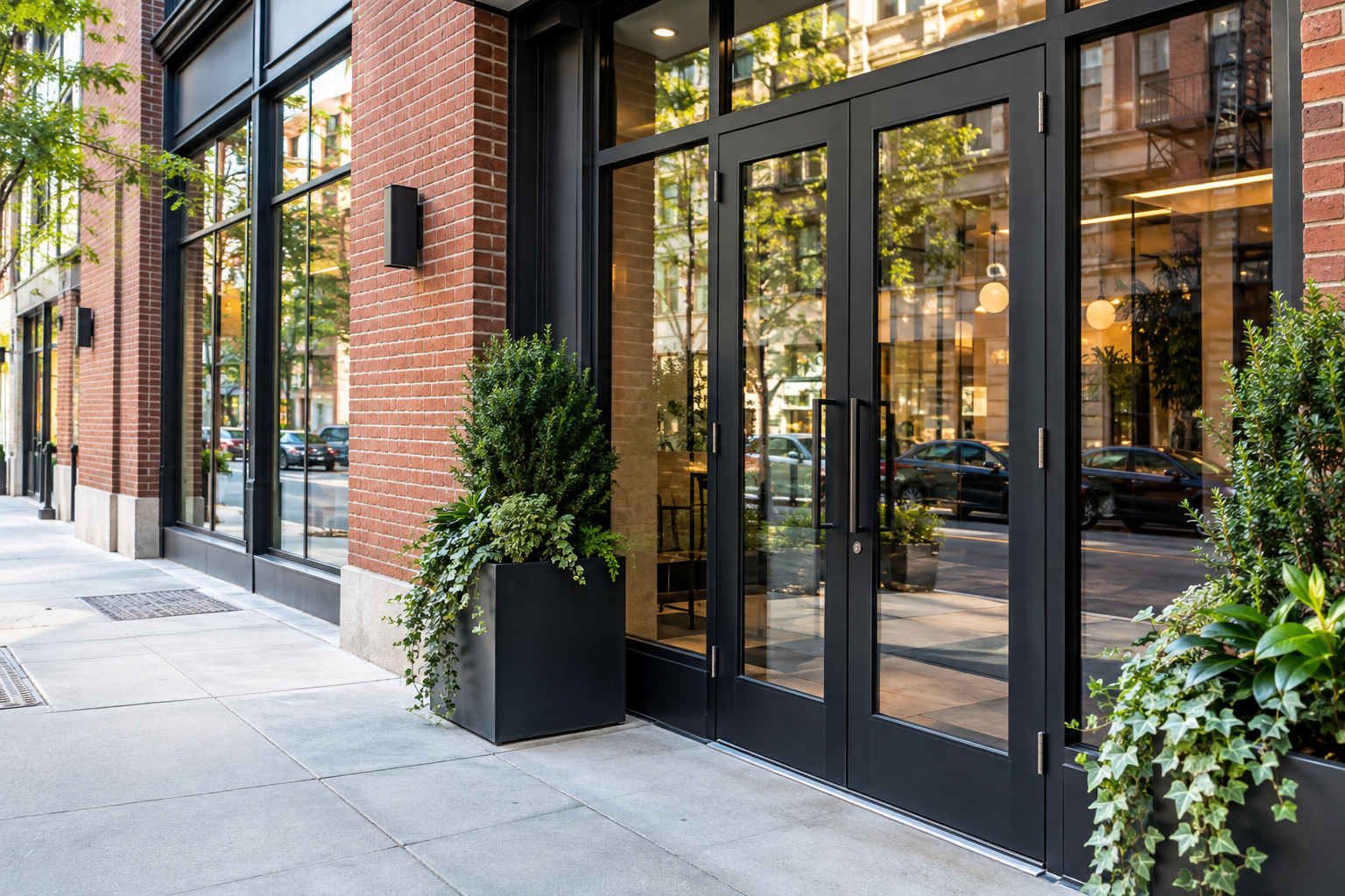 Black-framed New York storefront entrance with glass doors