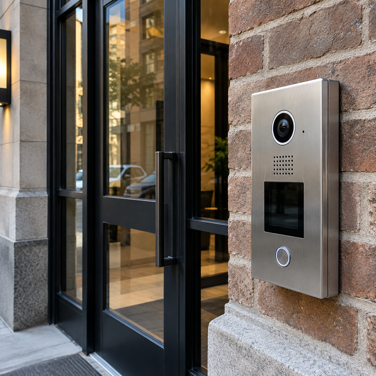 Stainless intercom entry panel mounted beside a brick building entrance