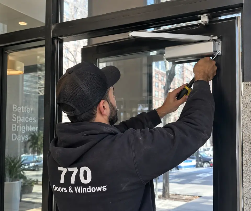 Illustration of overhead door closer adjustment