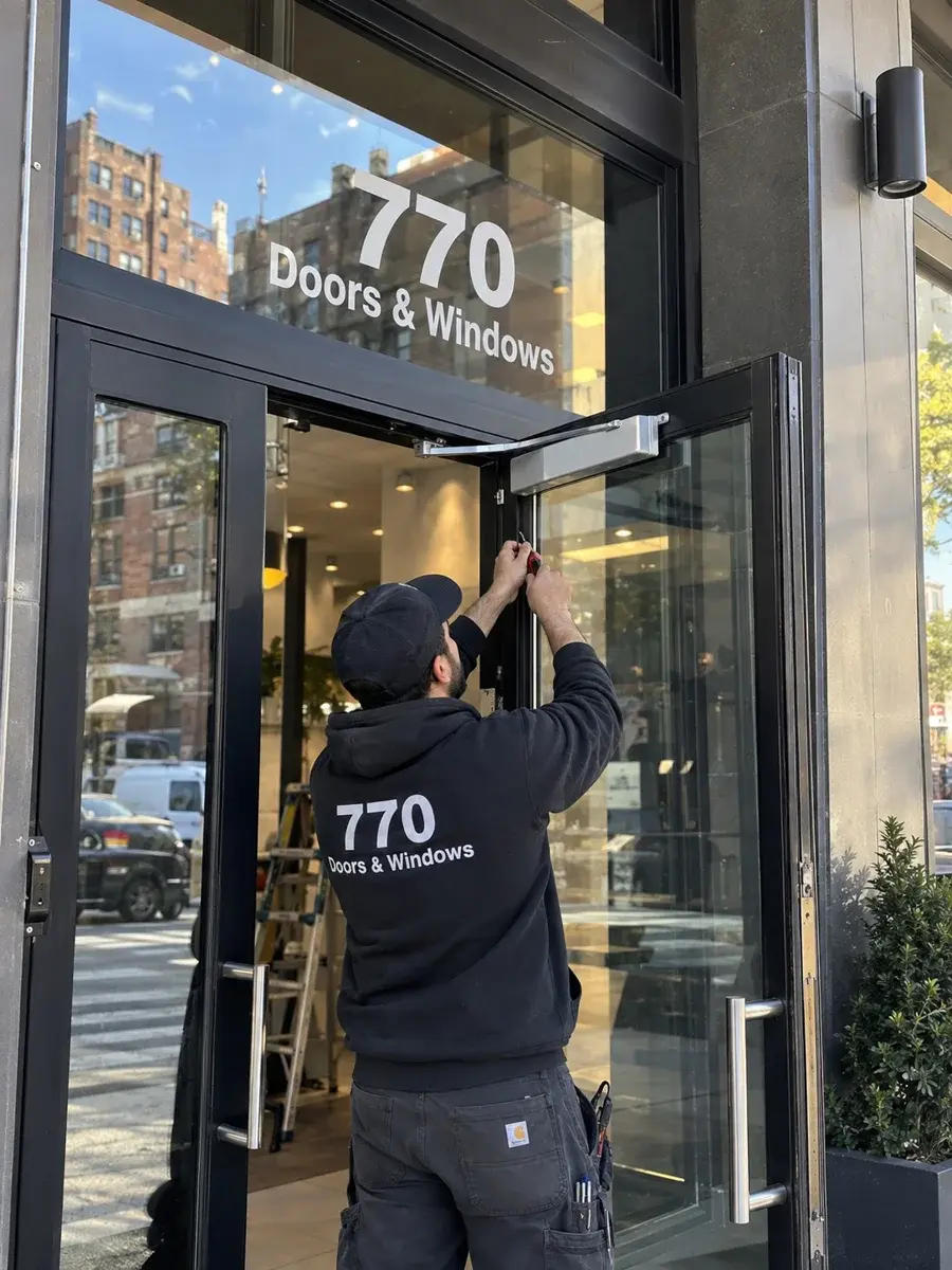 Illustration of glass storefront door closer service