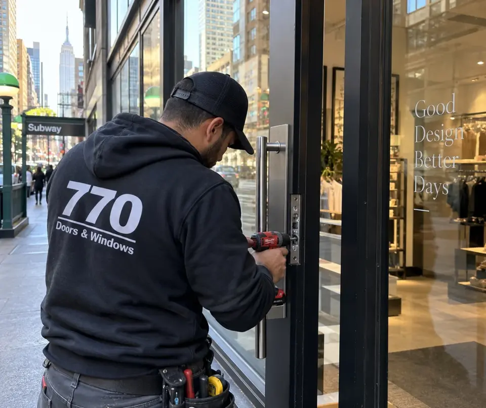 Illustration of glass storefront lock hardware service