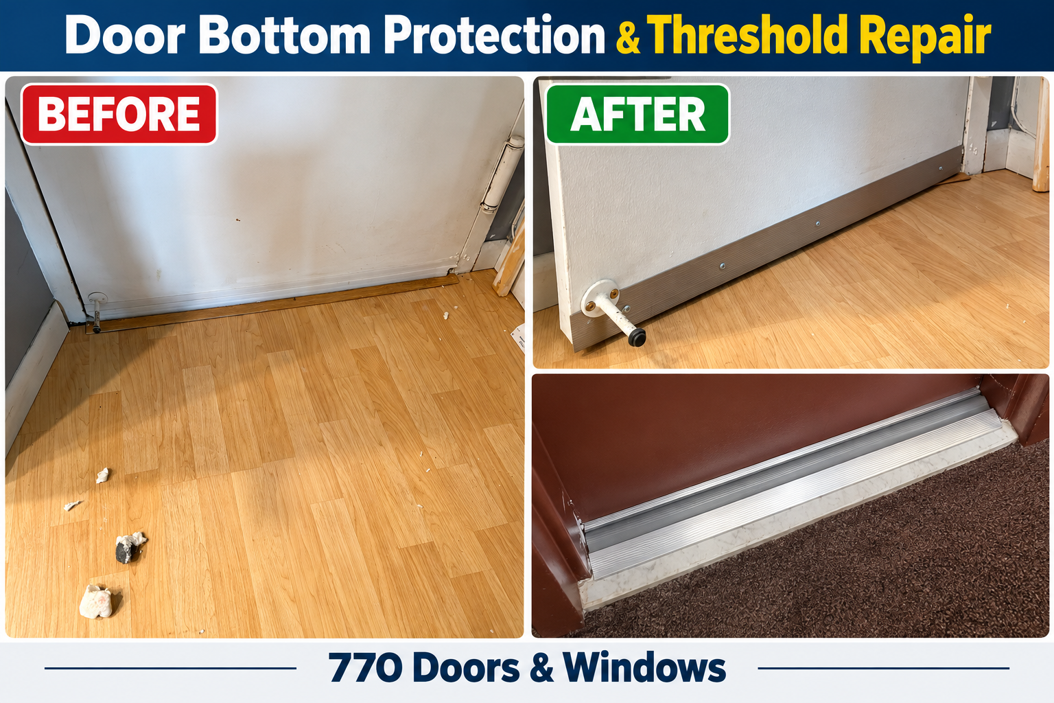 Before and after Long Island door repair showing door bottom protection and threshold repair